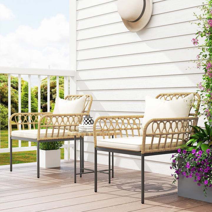 3 Piece Rattan Bistro Set, Wicker Garden Furniture Set with Cushions, Glass Top Coffee Table and Chairs for Outdoor, Patio, Balcony, Beige