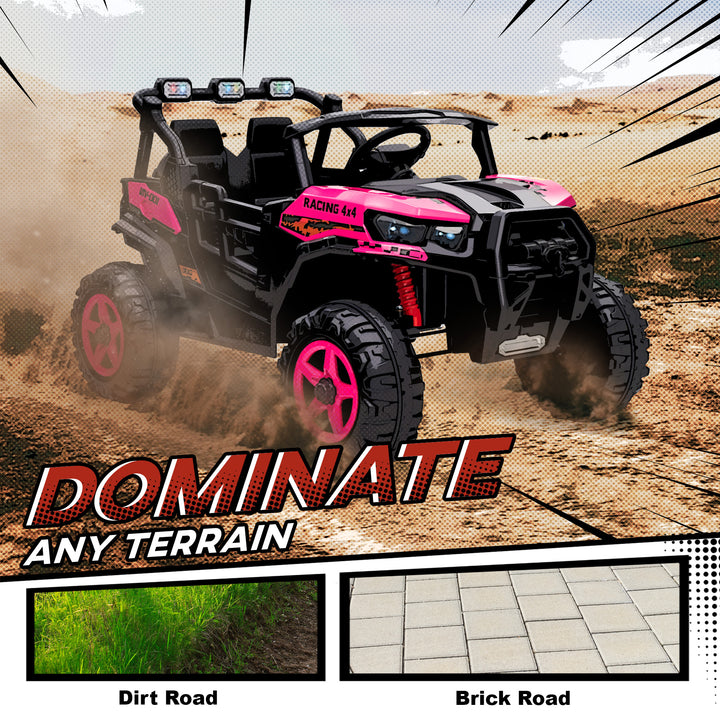 MCL 24V Electric Ride on Car, 2-Seater Electric Car for Kids with Remote, Bluetooth, Soft Start, Suspension Spring, Pink