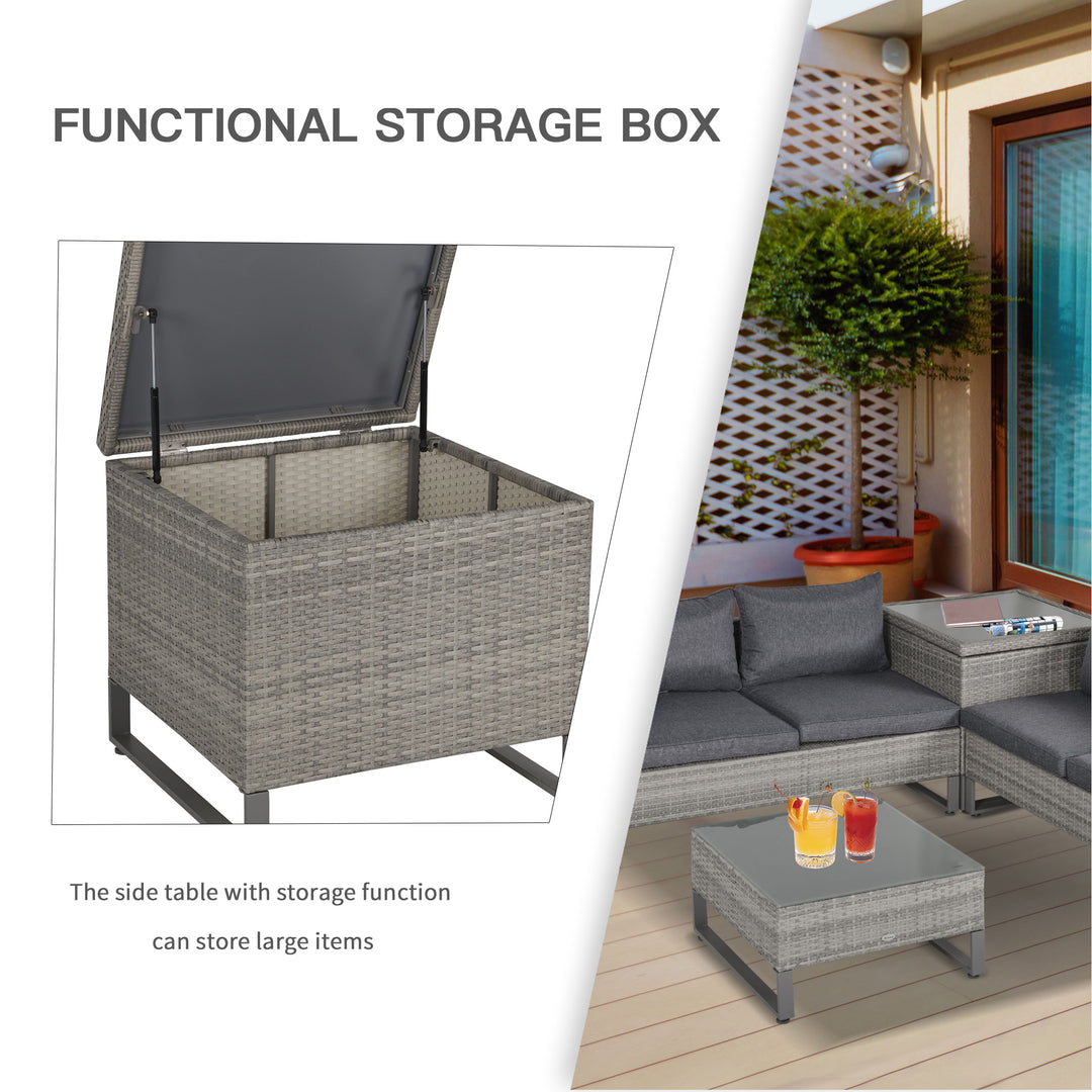 4 Pieces Rattan Garden Furniture Set, 4 Seater Garden Sofa Set with Storage Box, Loveseats and Glass Top Table, Wicker Outdoor Conservatory Furniture with Cushions for Outdoor, Patio, Grey
