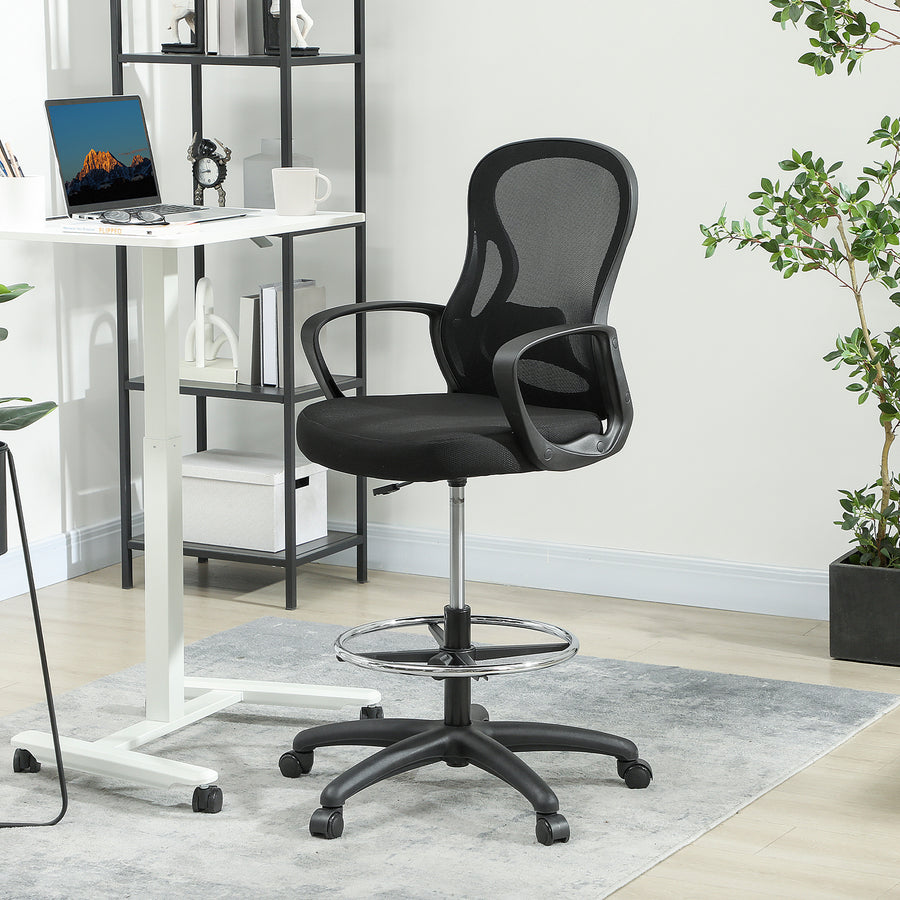 Drafting Chair with Adjustable Footrest, Ergonomic Mesh Office Chair with Lumbar Support, Adjustable Height for Standing Desk, Black