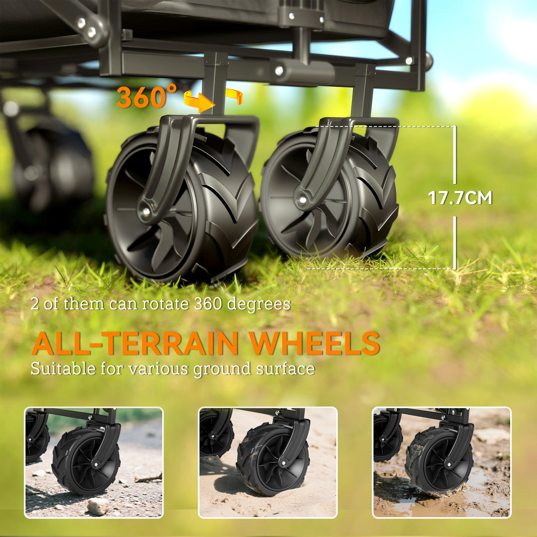 Folding Trolley Cart Storage Wagon Beach Trailer 4 Wheels with Handle Overhead Canopy Cart Push Pull for Camping, Black