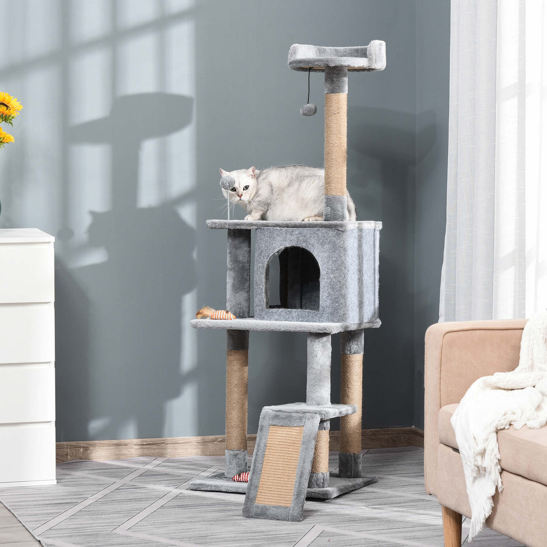 PawHut Cat Tree Tower 142cm Climbing Kitten Activity Center with Scratching Post Board Perch Roomy Condo Removable Felt Hanging Toy, Grey | Aosom UK