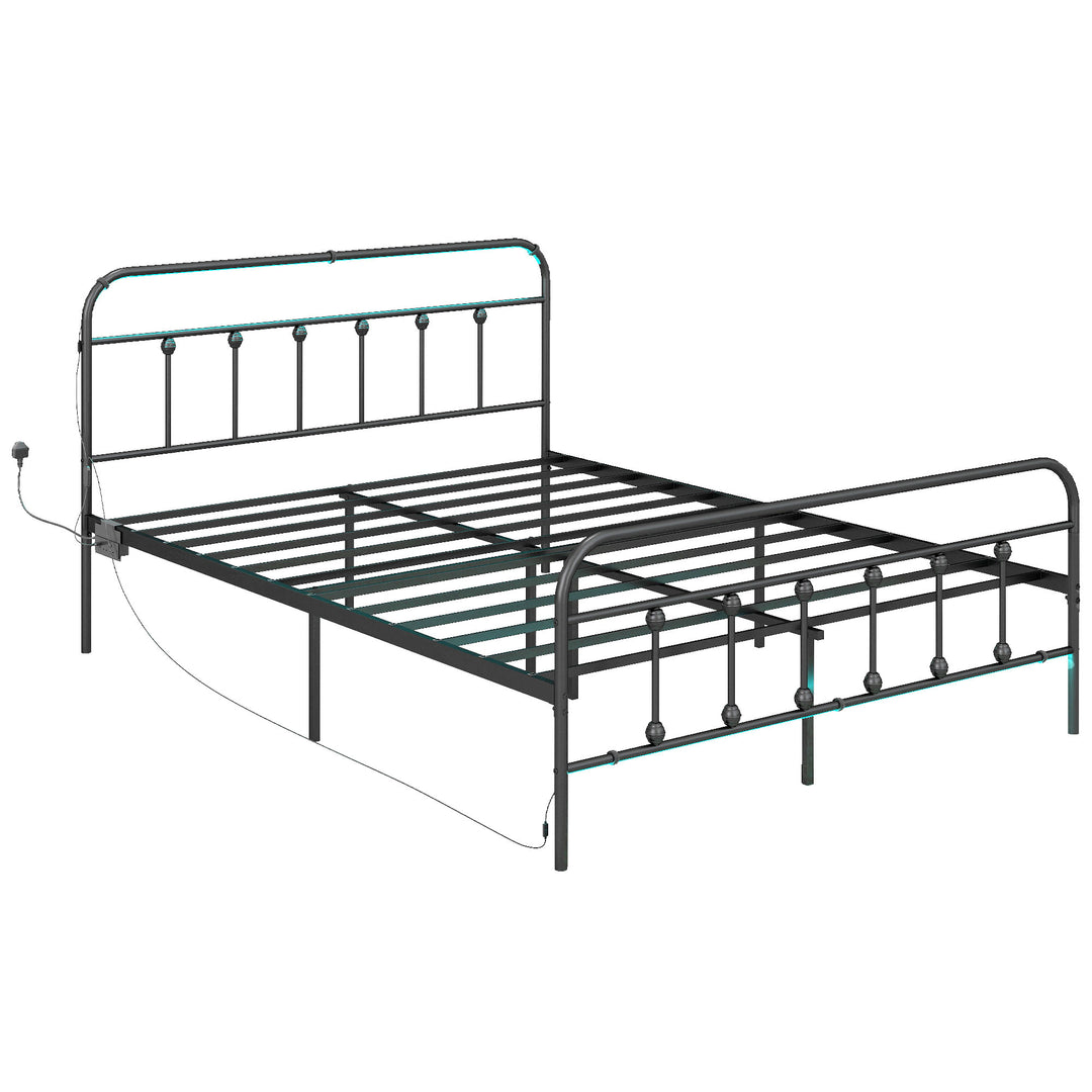 Double Bed Frame with LED Lights and Charging Station, Metal Platform Bed Frame with Under Bed Storage, Black