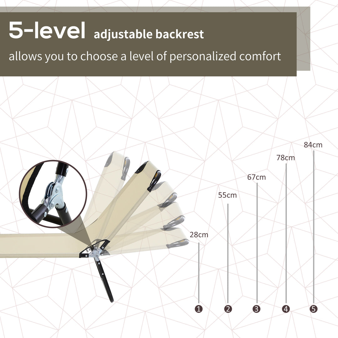 MCL Foldable Sun Lounger with 5-Position Adjustable Backrest, Outdoor Portable Recliner Chaise Lounge Chair with Breathable Mesh Fabric, Beige