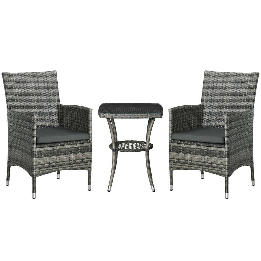 3 Pieces Rattan Bistro Set, Wicker Garden Furniture Set with 2-Tier Coffee Table and Chairs, Washable Cushions, for Outdoor Patio Balcony, Mixed Grey