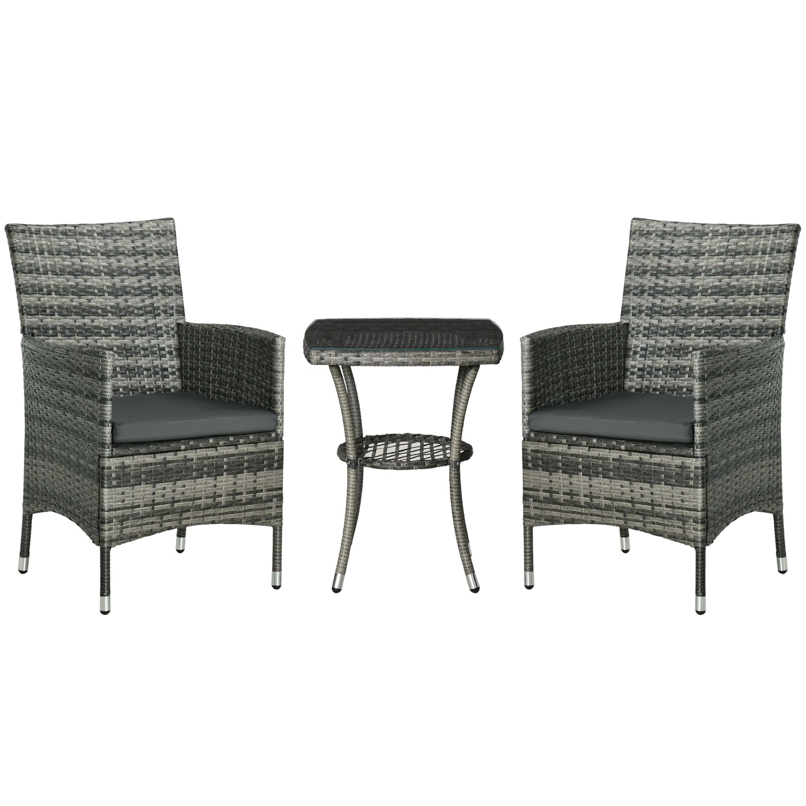 3 Pieces Rattan Bistro Set, Wicker Garden Furniture Set with 2-Tier Coffee Table and Chairs, Washable Cushions, for Outdoor Patio Balcony, Mixed Grey