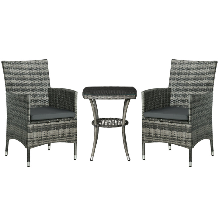 3 Pieces Rattan Bistro Set, Wicker Garden Furniture Set with 2-Tier Coffee Table and Chairs, Washable Cushions, for Outdoor Patio Balcony, Mixed Grey