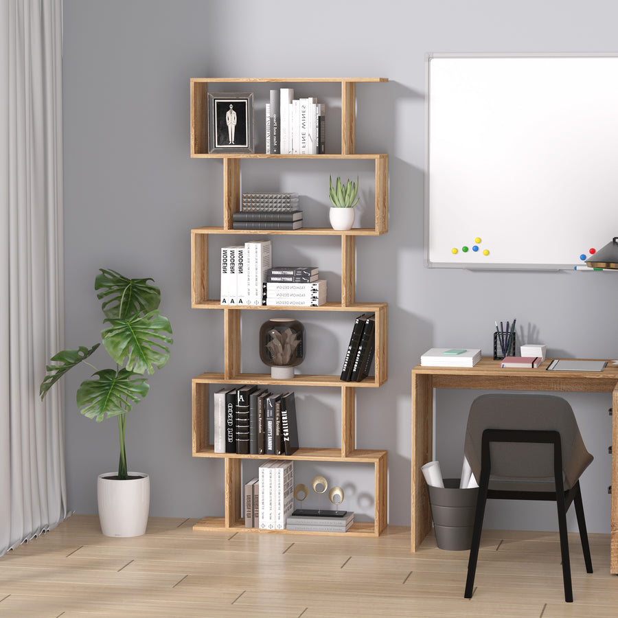 Bookcase, 6 Tier Shelf S Shaped Bookshelf, Storage Unit, Display Shelf for Living Room, Bedroom, Home Office, Plant, Oak