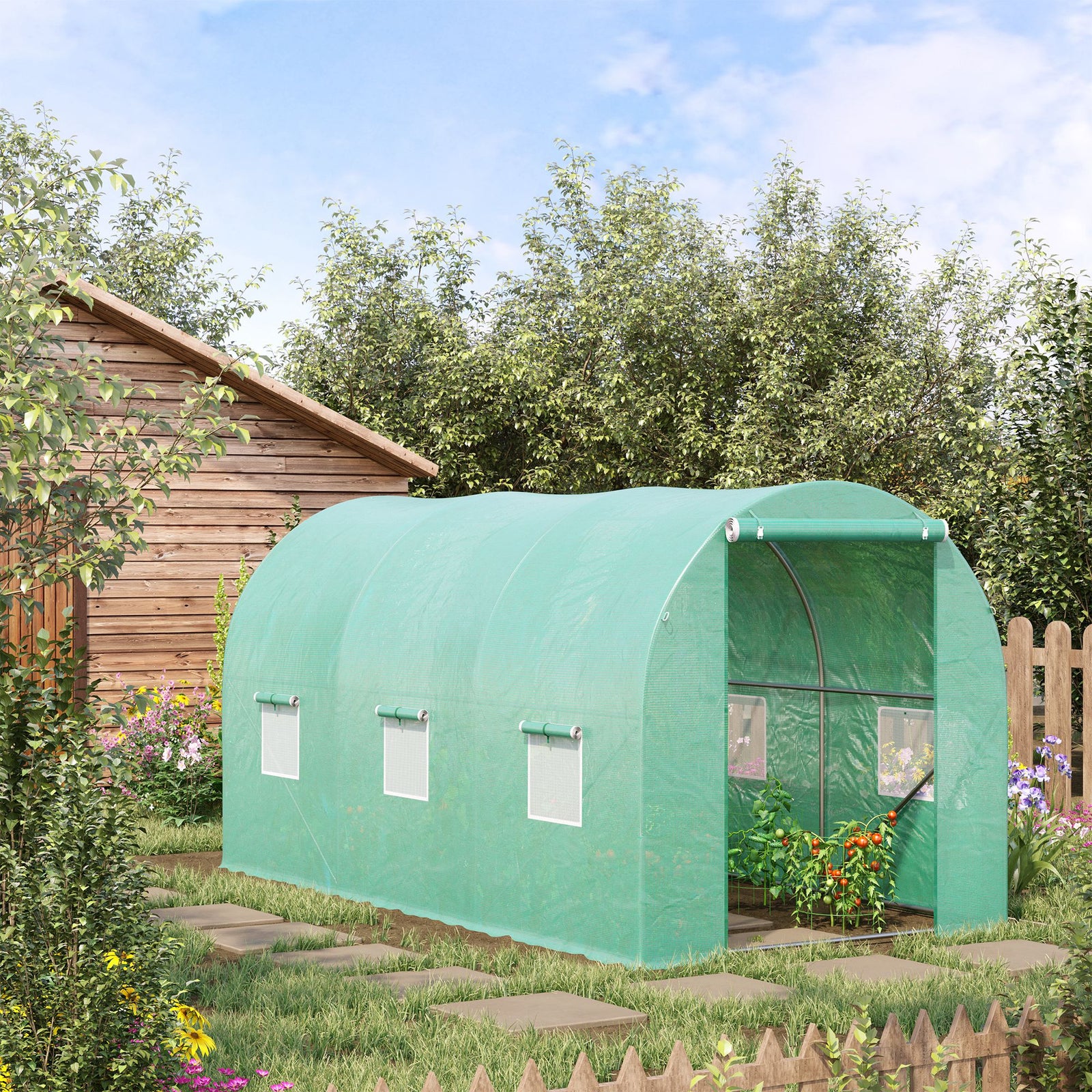 4 x 2 x 2 m Polytunnel Greenhouse with Roll-up Door and 6 Mesh Windows, Walk-in Garden Tunnel Warm House Tent with UV-resistant PE Cover and Galvanised Steel Frame, Green