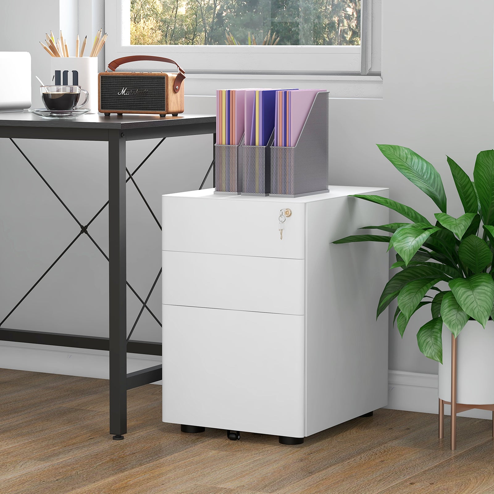 Lockable Cabinet, Rolling Filing Cabinet with 3 Drawers, Steel Office 