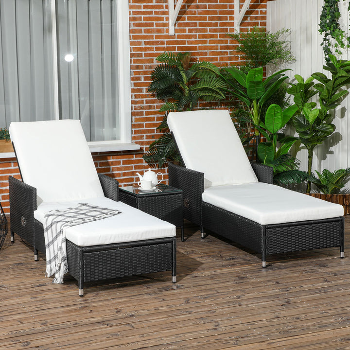 Outsunny 3Pcs Rattan Sun Lounger Set w/ Table, Patio Chaise Lounge Chair Set w/ Adjustable Backrest, Soft Cushions, Glass Top Table | Aosom UK