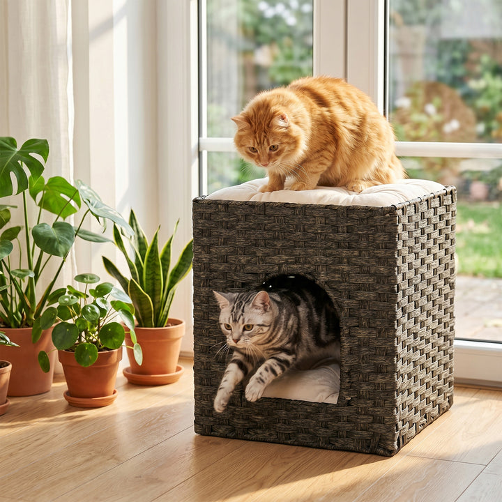 2-Tier Wicker Cat House, Handwoven Rattan Cat Bed with Washable Cushio