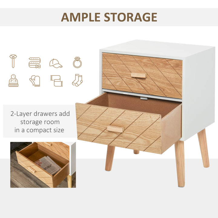 2 Drawers Bedside Table with Pine Legs, Bedroom Wooden Storage Cabinet, Natural
