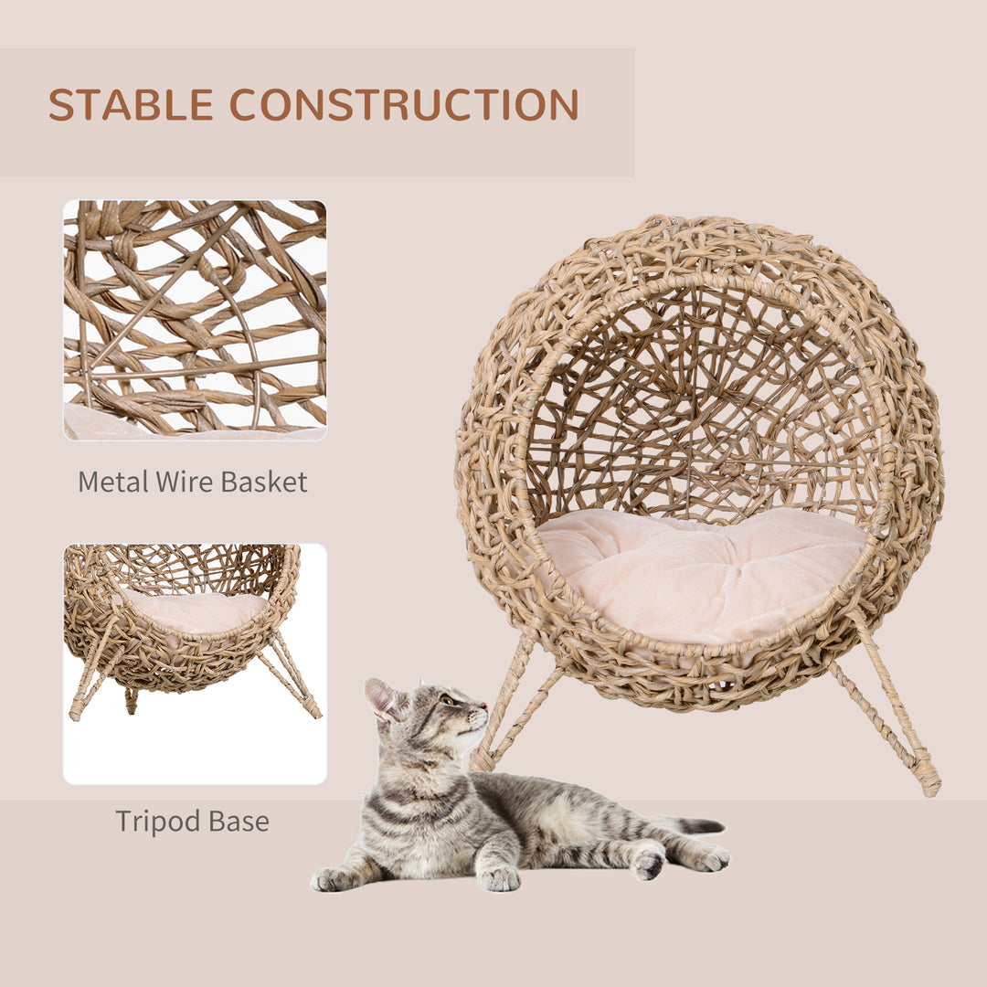 PawHut Cat Hammock Rattan Cat House Ball-Shaped Cat Bed with Hand-Woven PE, Cushion & Three-Legged Base, Natural Wood Finish | Aosom UK