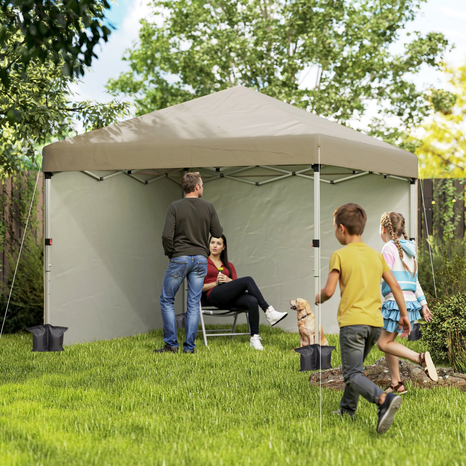 3 x 3 (M) Pop Up Gazebo, UPF 30+ with 2 Sidewalls, Leg Weight Bags and Wheeled Bag, Height Adjustable Party Tent Event Shelter for Garden, Patio, Khaki