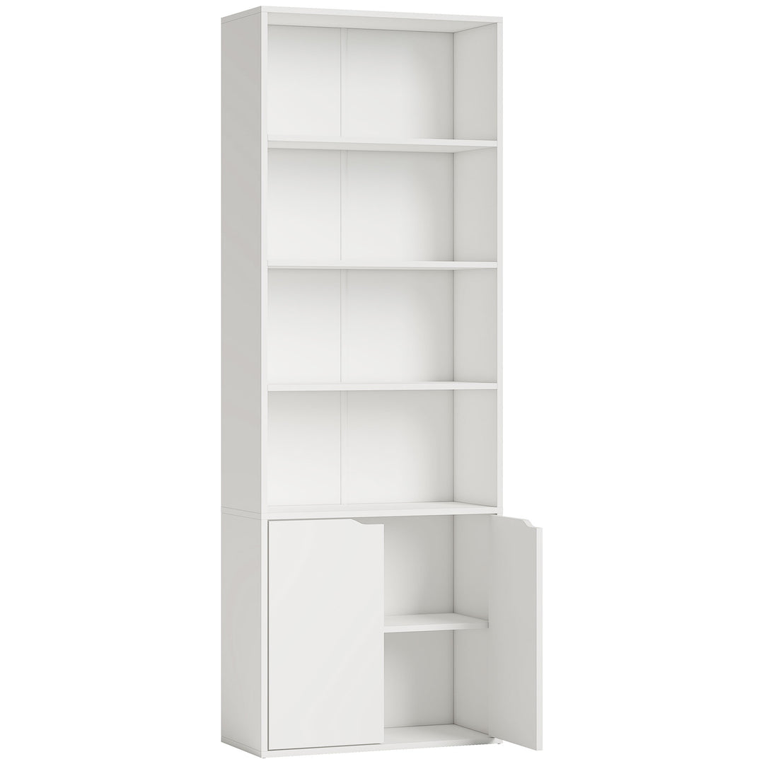 MCL 6-Tier Tall Bookcase, Bookshelf with 4 Open Shelves and Double Door Storage Cabinet, Freestanding Display Rack for Living Room, Bedroom, Home Office, Study, 59 x 29 x 180cm, White