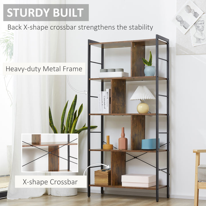 Industrial Storage Unit, 5 Tiers Bookcase with Open Compartments for Office Living Room, Bedroom, Rustic Brown and Black