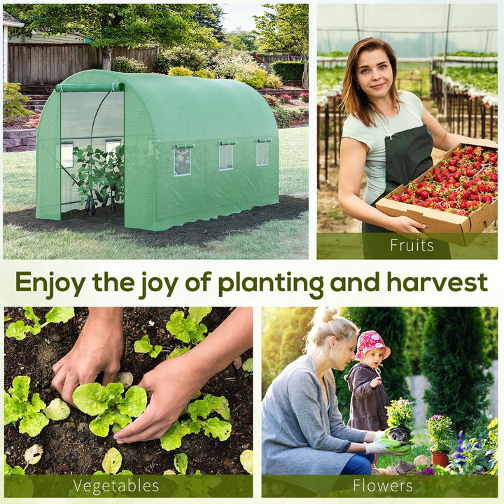 3.5 x 2m Walk-In Polytunnel Greenhouse, with Steel Frame, PE Cover, Roll-Up Door and 6 Windows, Green