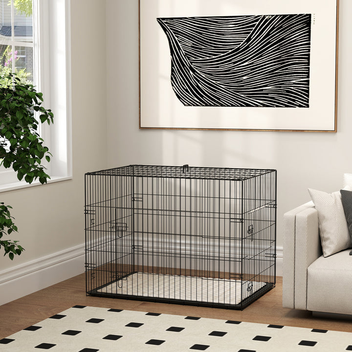 Foldable Dog Crate with 2 Doors with Tray, Soft Cushion, for Large Medium Dogs, 91 x 62 x 68, Black