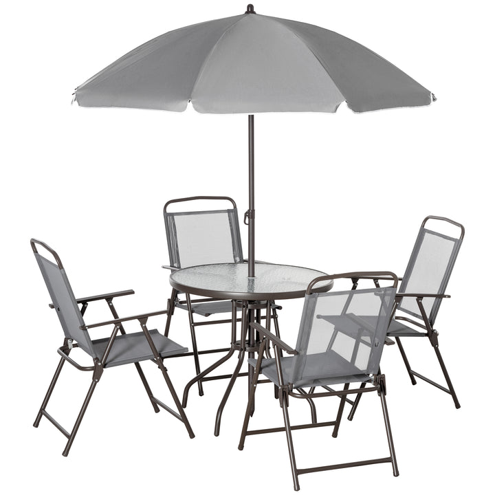 Outsunny 6 Piece Patio Dining Set with Umbrella, 4 Folding Dining Chairs & Round Tempered Glass Table for Backyard and Poolside, Grey | Aosom UK