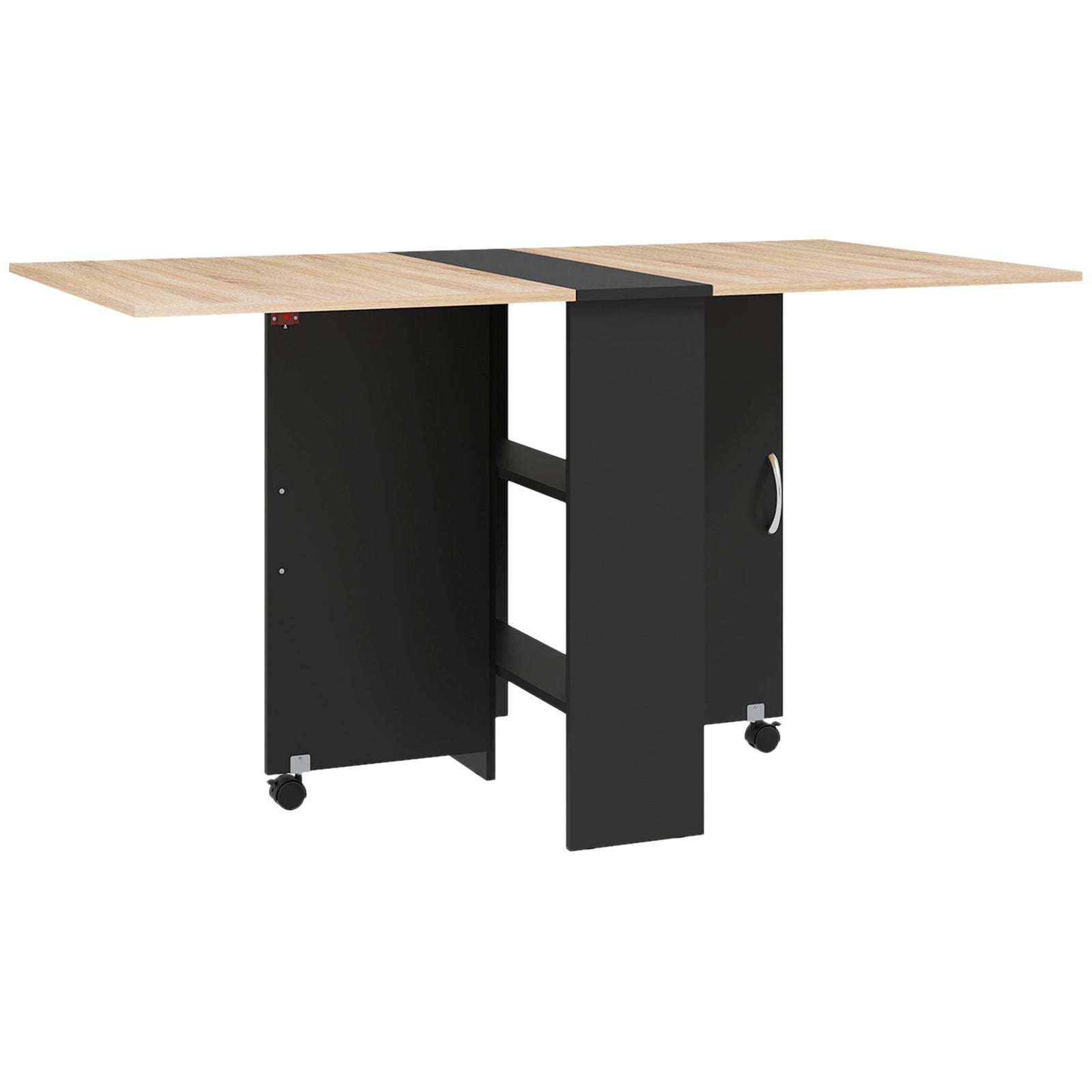Folding Dining Table, Drop Leaf Table with 2-Tier Shelves, Rolling Casters, for Small Spaces, Kitchen, Oak and Black