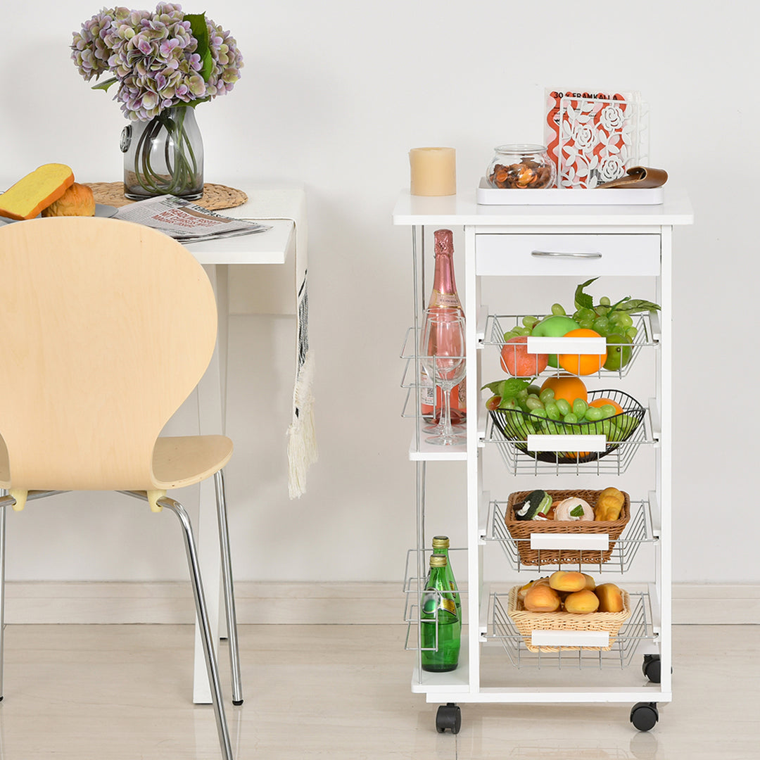 HOMCOM Multi-Use Kitchen Island Trolley w/ 4 Baskets 2 Side Racks Drawer Worktop 4 Wheels Worktop Food Storage Compact Furniture White | Aosom UK