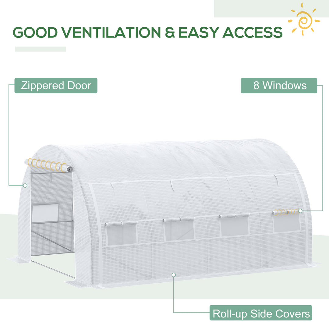 4 x 3 x 2 m Polytunnel Greenhouse with Roll-up Side Walls, Walk-in Grow House Tent with Steel Frame, Reinforced Cover, Zipped Door and 12 Mesh Windows for Garden, White