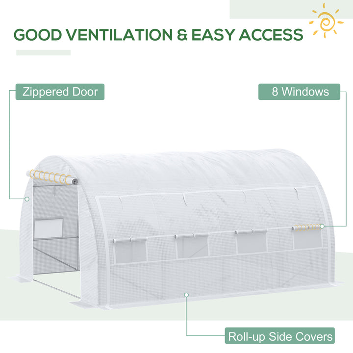 4 x 3 x 2 m Polytunnel Greenhouse with Roll-up Side Walls, Walk-in Grow House Tent with Steel Frame, Reinforced Cover, Zipped Door and 12 Mesh Windows for Garden, White
