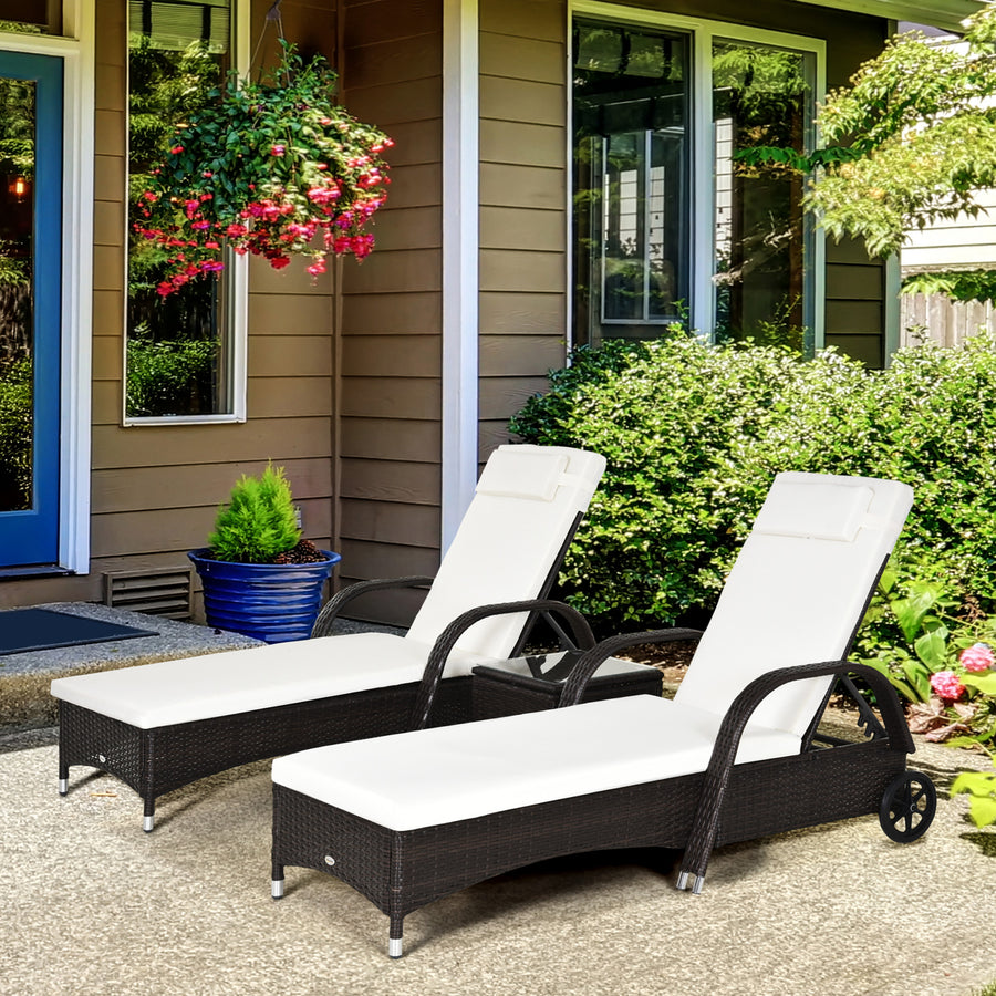 3 Pieces PE Rattan Patio Lounge Chair Set, Outdoor Recliner Lounge Chairs with Wheels, for Outside with Cushions, Headrest, Coffee Table for Garden, Poolside, Brown