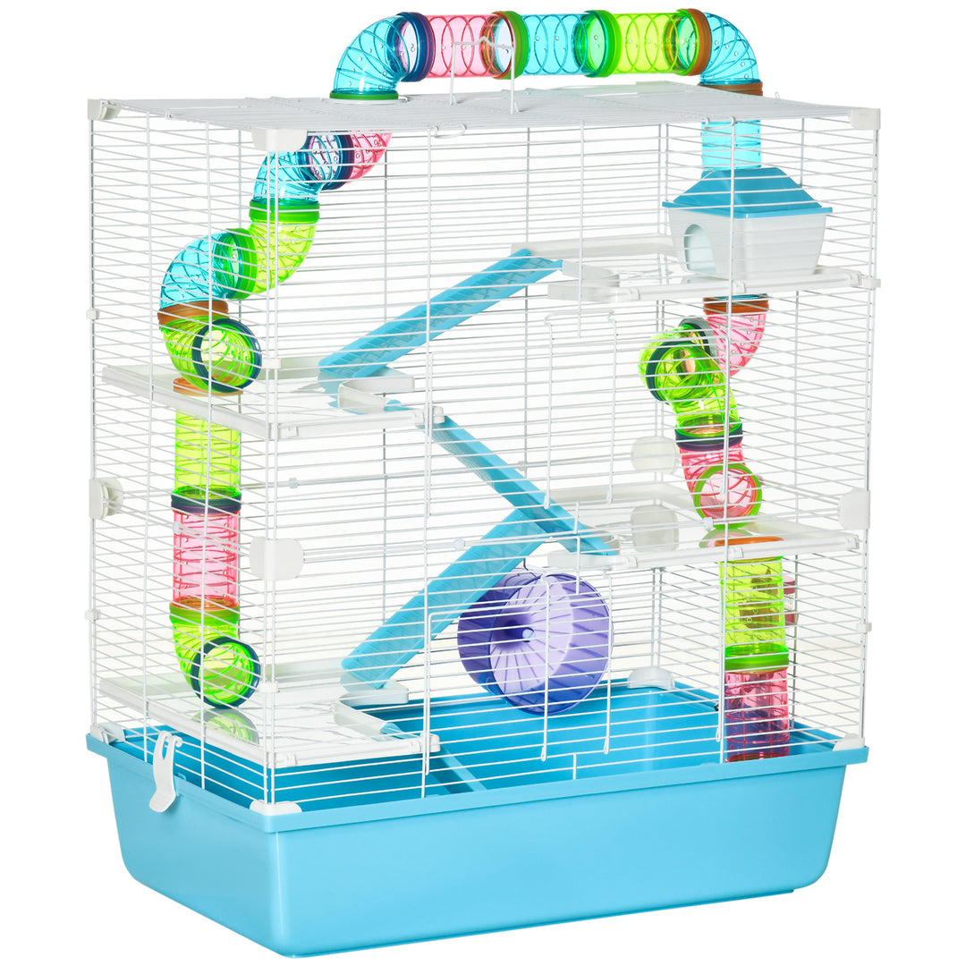 MCL Hamster Cage w/ Water Bottle, Exercise Wheel, Tubes, Ramps - Light Blue
