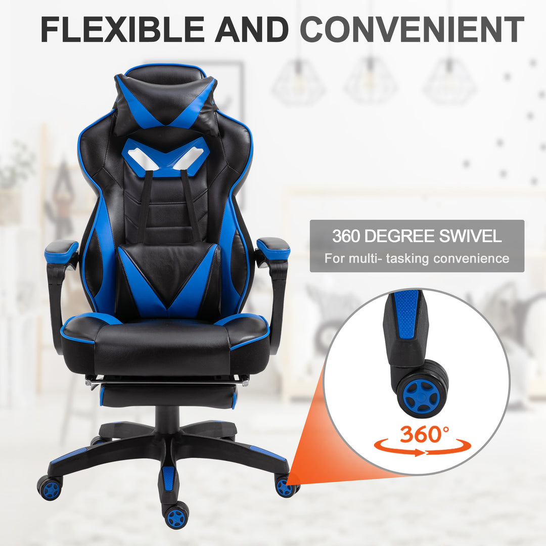 Faux Leather Reclining Gaming Chair, with Footrest - Blue/Black