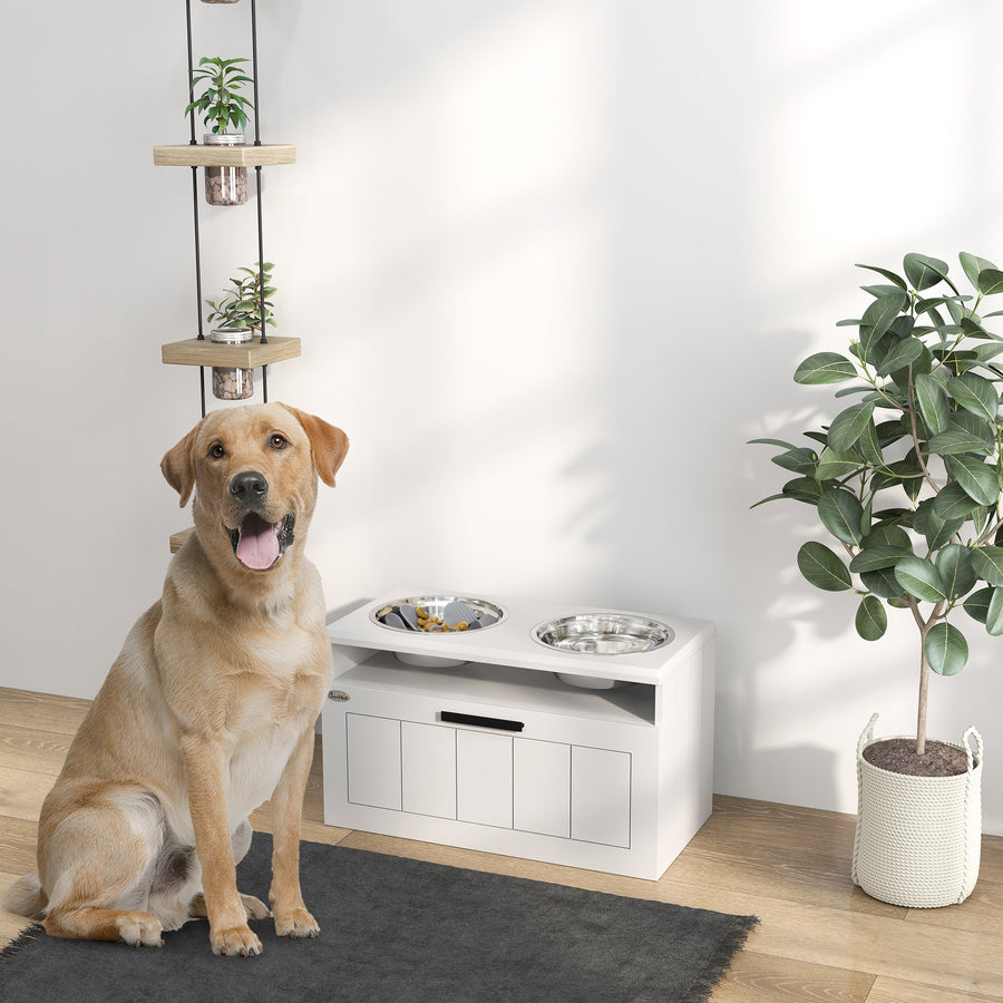 Raised Dog Bowl with Slow Feeder, Two Stainless Steel Dog Bowls, Drawer, for Large and Extra Large Dogs, White