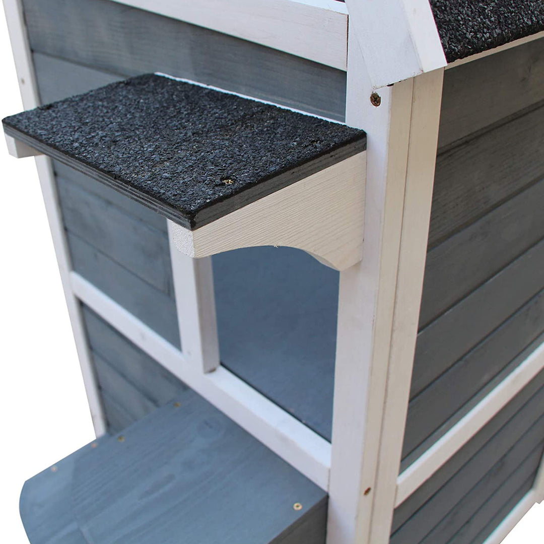 Wooden Cat House 2-Floor Outdoor Kitten Shelter with Window Grey