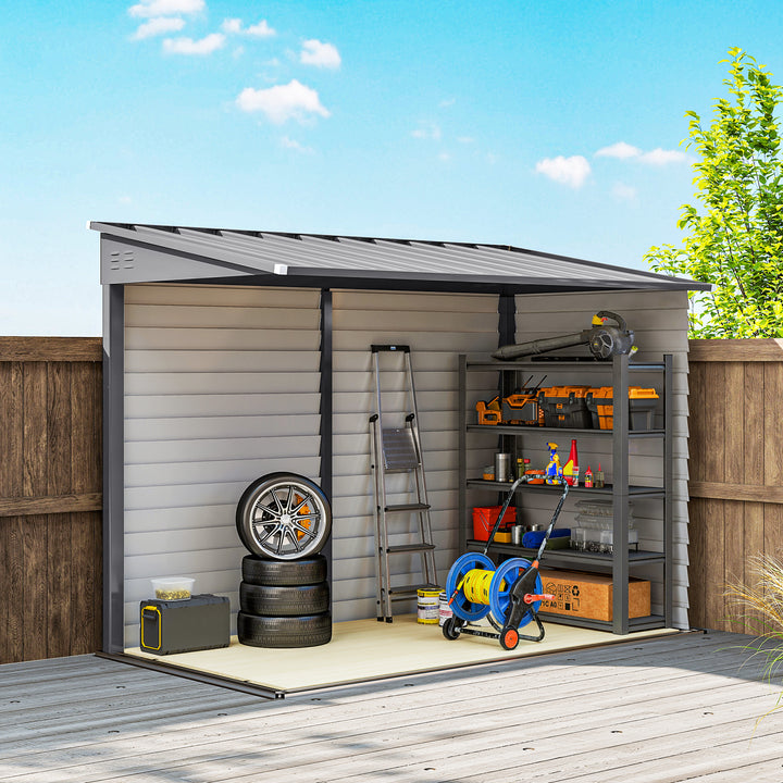 5 x 9ft Galvanised Metal Garden Shed with Foundation Kit, Outdoor Lean-to Shed, Tool Storage House with Lockable Doors, Gloves and 2 Air Vents for Patio, Garden, Grey
