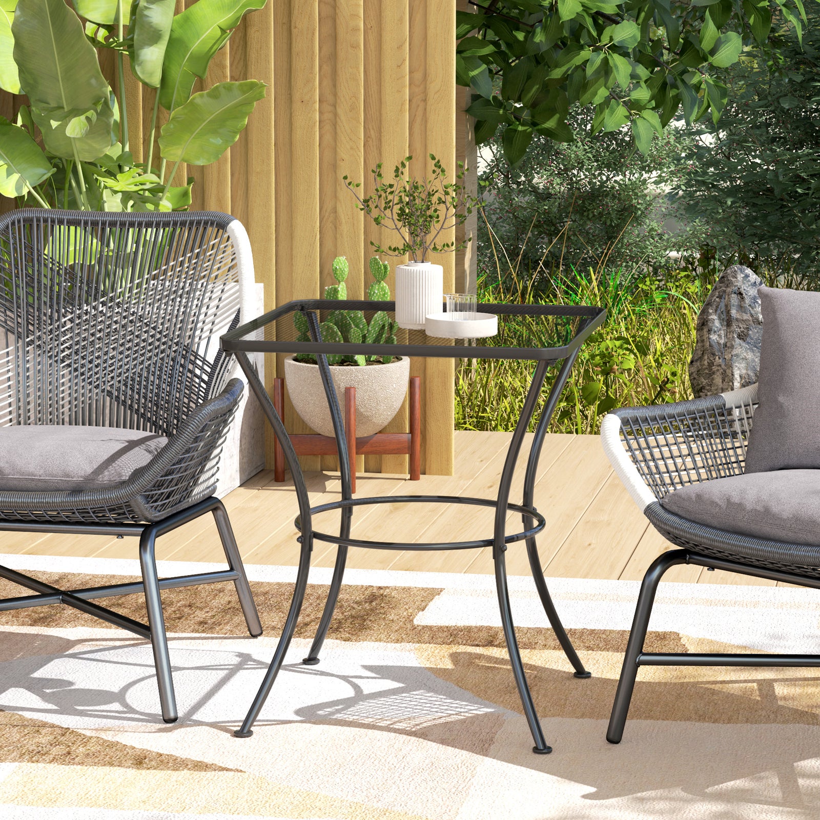 60cm Square Garden Table, Outdoor Metal Bistro Side Desk with Mesh Top, Black