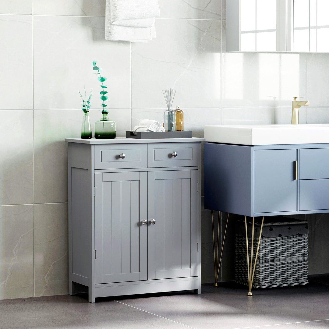 75x60cm Freestanding Bathroom Storage Cabinet Unit w/ 2 Drawers Cupboard Adjustable Shelf Metal Handles Traditional Style Grey