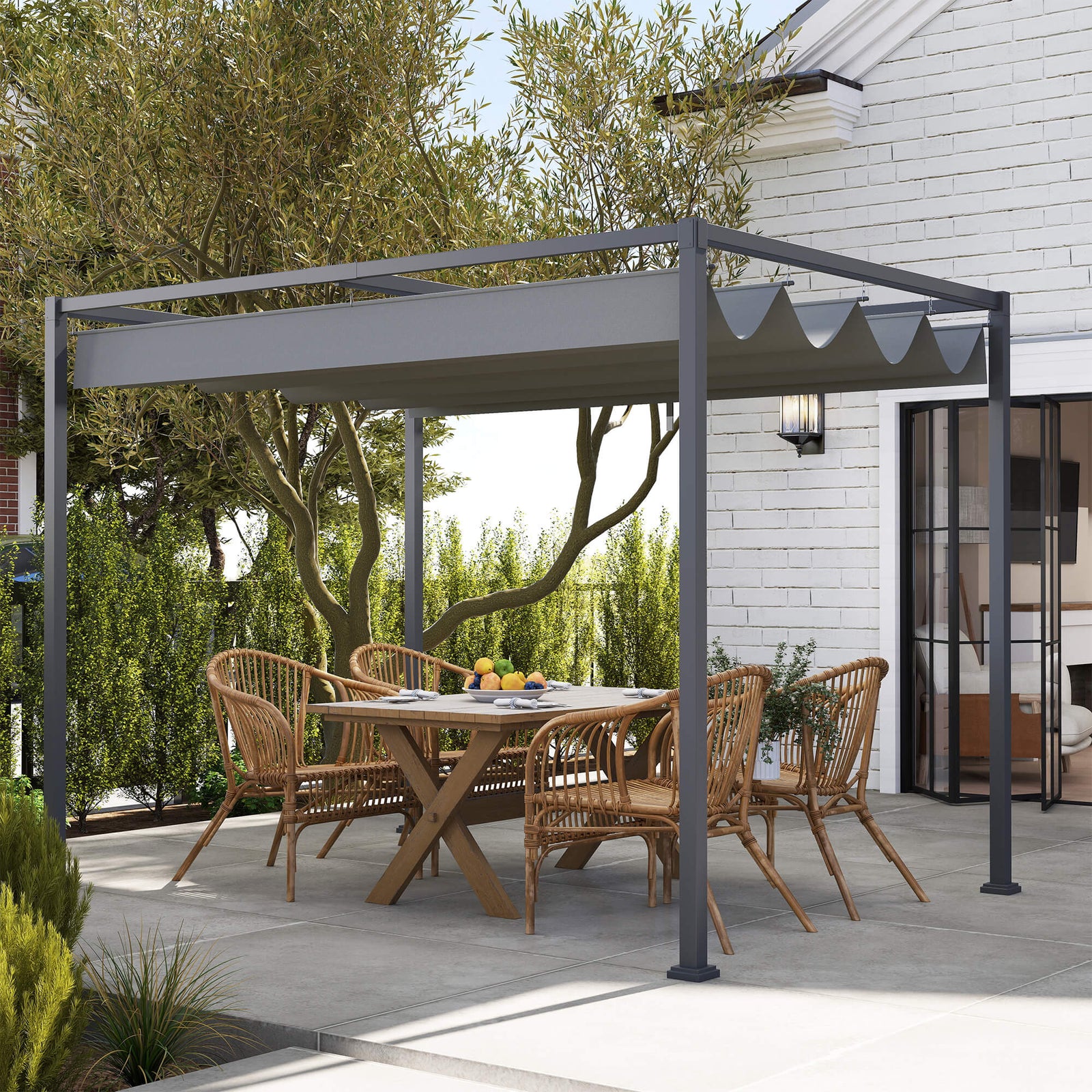 3 x 2m Metal Outdoor Pergola with Retractable Roof, Outdoor Gazebo Canopy Shelter with Drainage Holes for Garden, Patio, Lawn, Grey