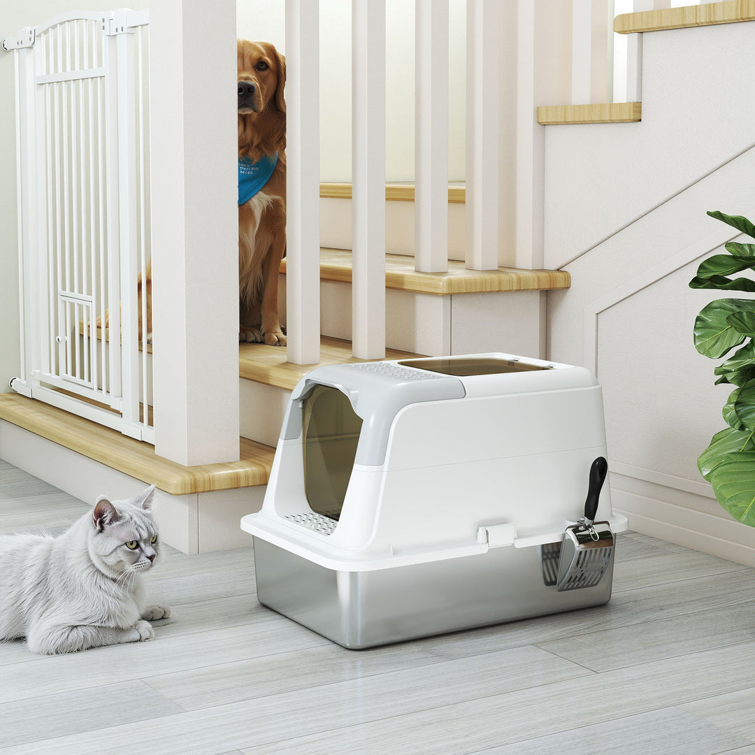 Extra Large Stainless Steel Litter Box, Enclosed Cat Litter Tray with Scoop, Deodorizer Bag, Front-Entry and Top-Exit