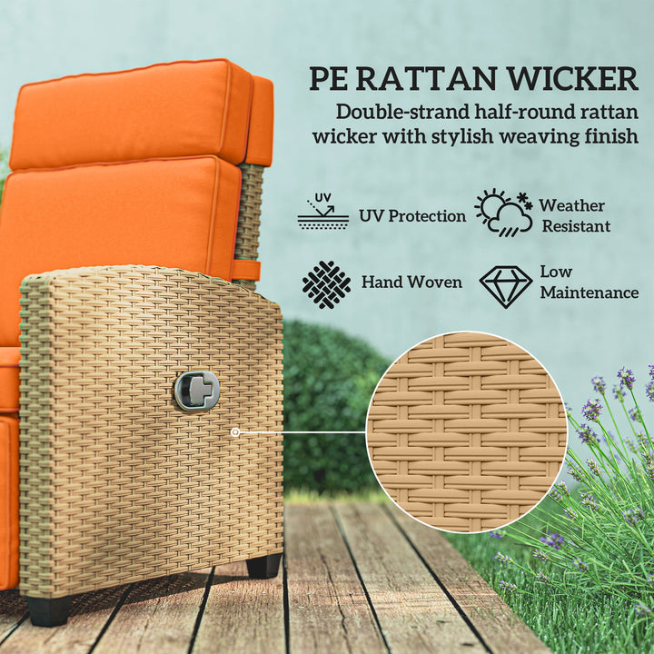 145° Reclining Rattan Armchair, with Footrest - Khaki/Orange