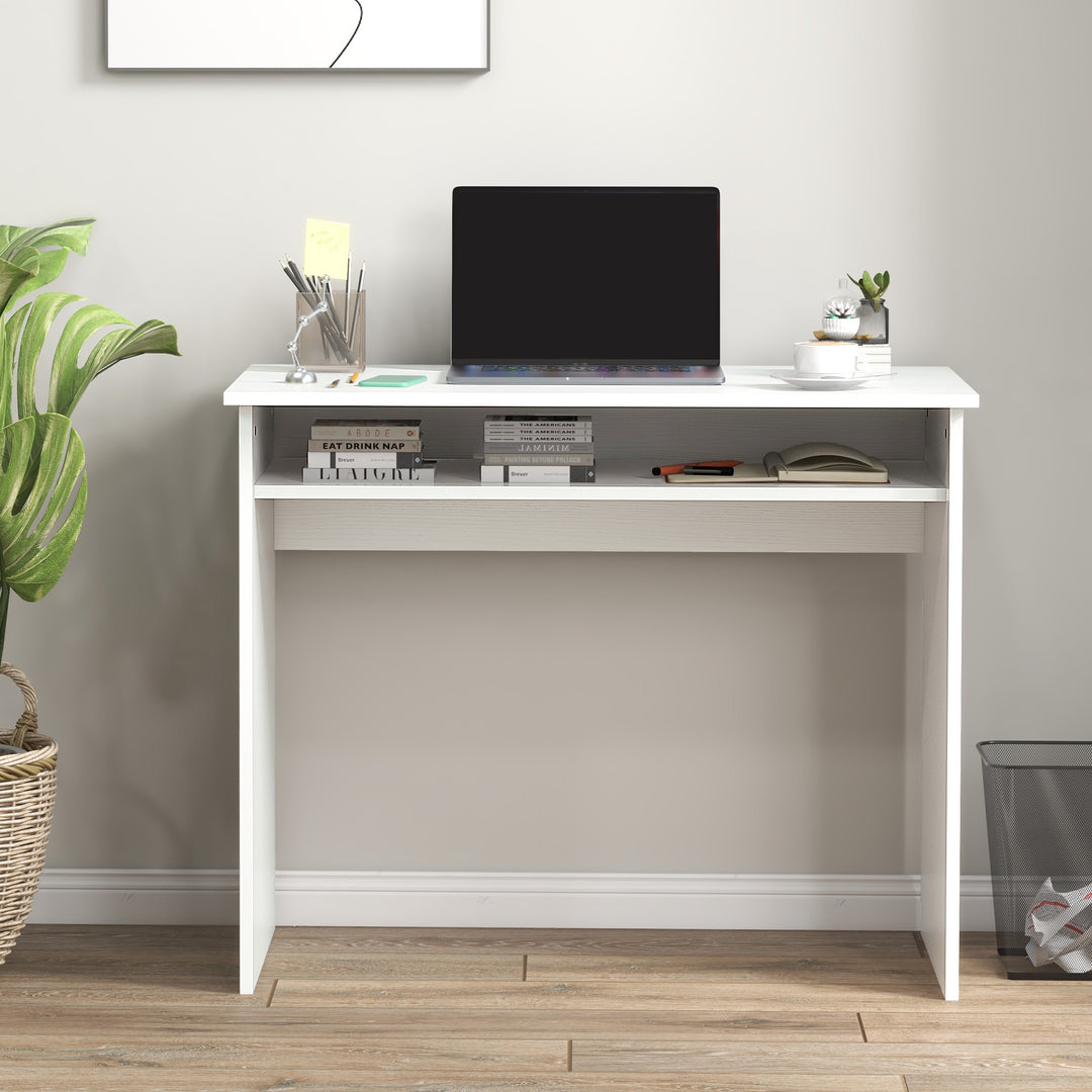 Modern Computer Desk, Home Office Table, Small Writing Desk with Storage Shelf, 90 x 50cm, White Wood Grain