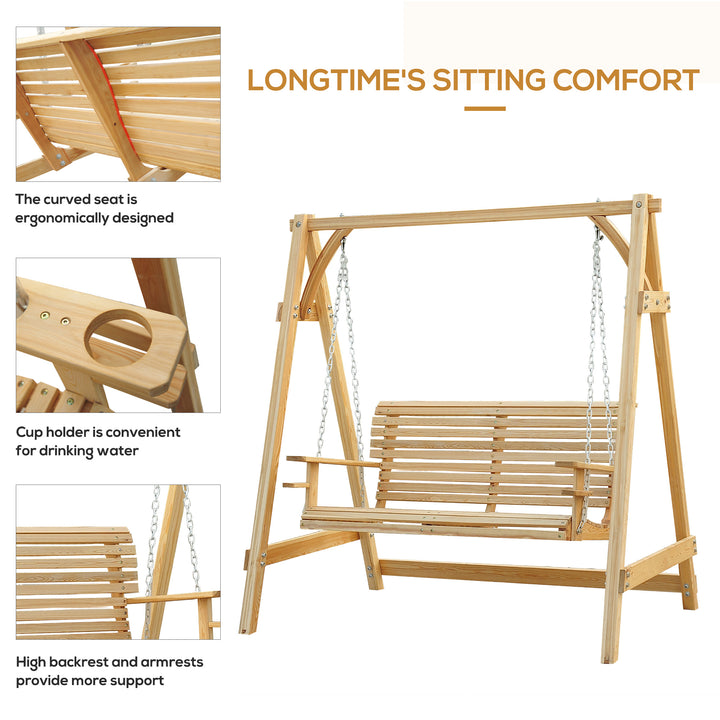 2 Seater Garden Swing Seat, Wooden Swing Chair Bench with Cup Holders for Outdoor Porch Patio, Natural