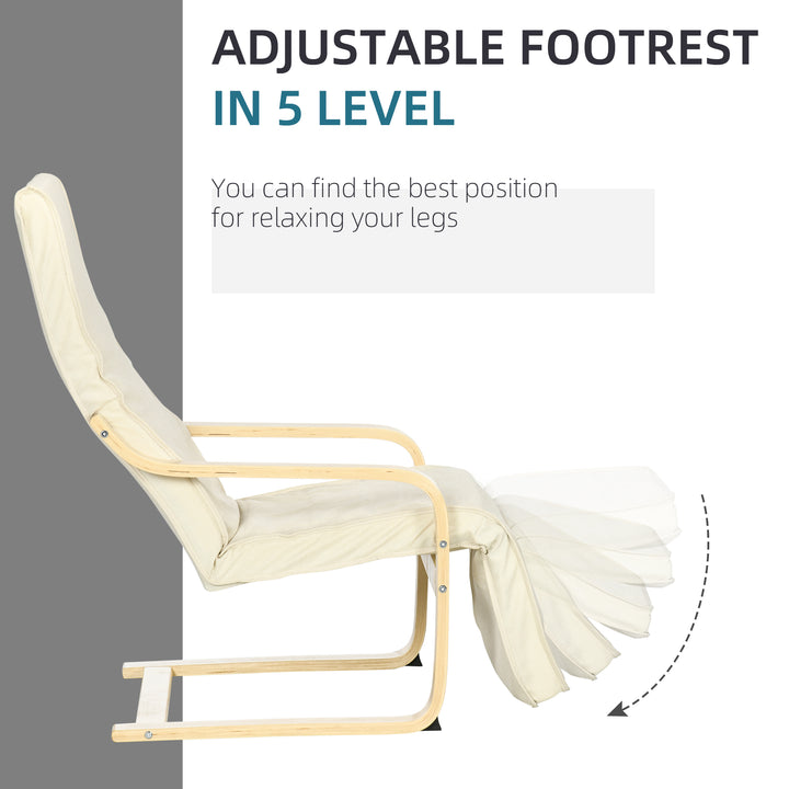 Wooden Armchair, Upholstered Linen Lounge Chair with Adjustable Footrest & Removable Cushion, Poang Chair for Living Room, Cream White
