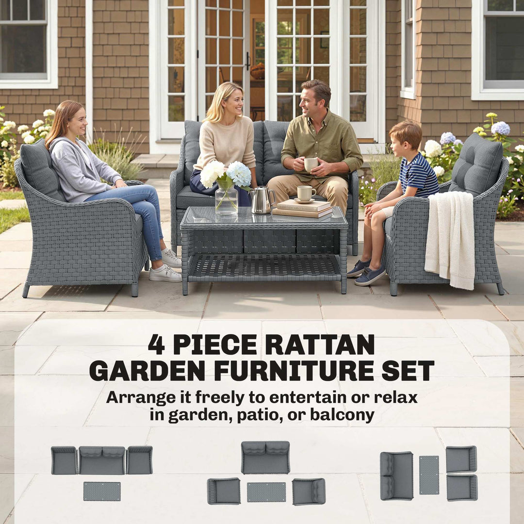4-Piece Wicker Patio Furniture Set with 2 Armchairs, Loveseat, Glass C