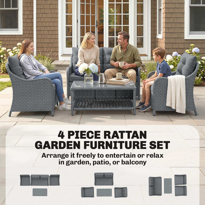 4-Piece Wicker Patio Furniture Set with 2 Armchairs, Loveseat, Glass C