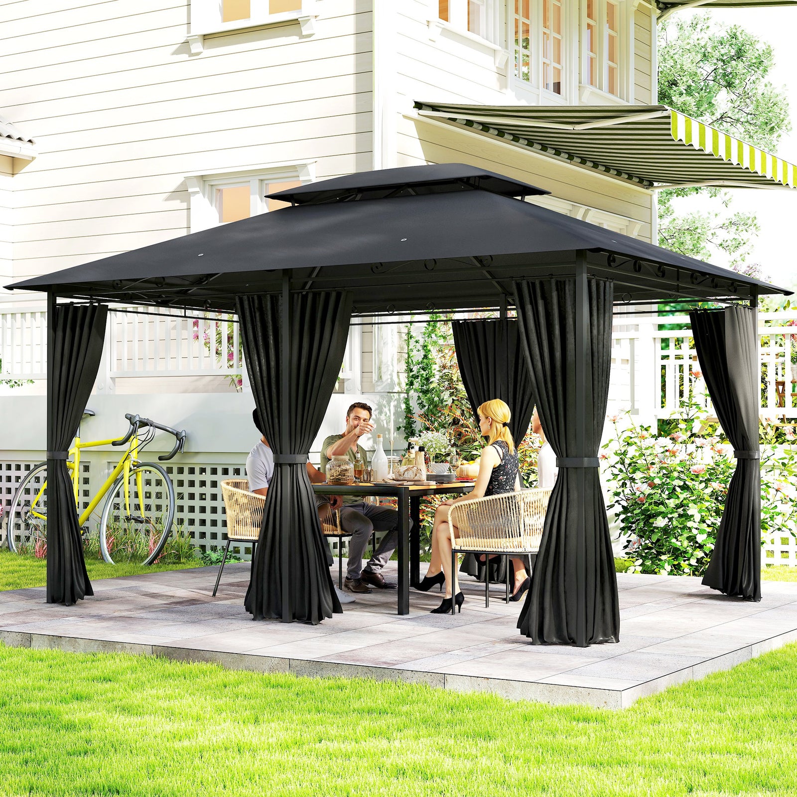 3 x 4m Steel Gazebo, with Curtains - Black