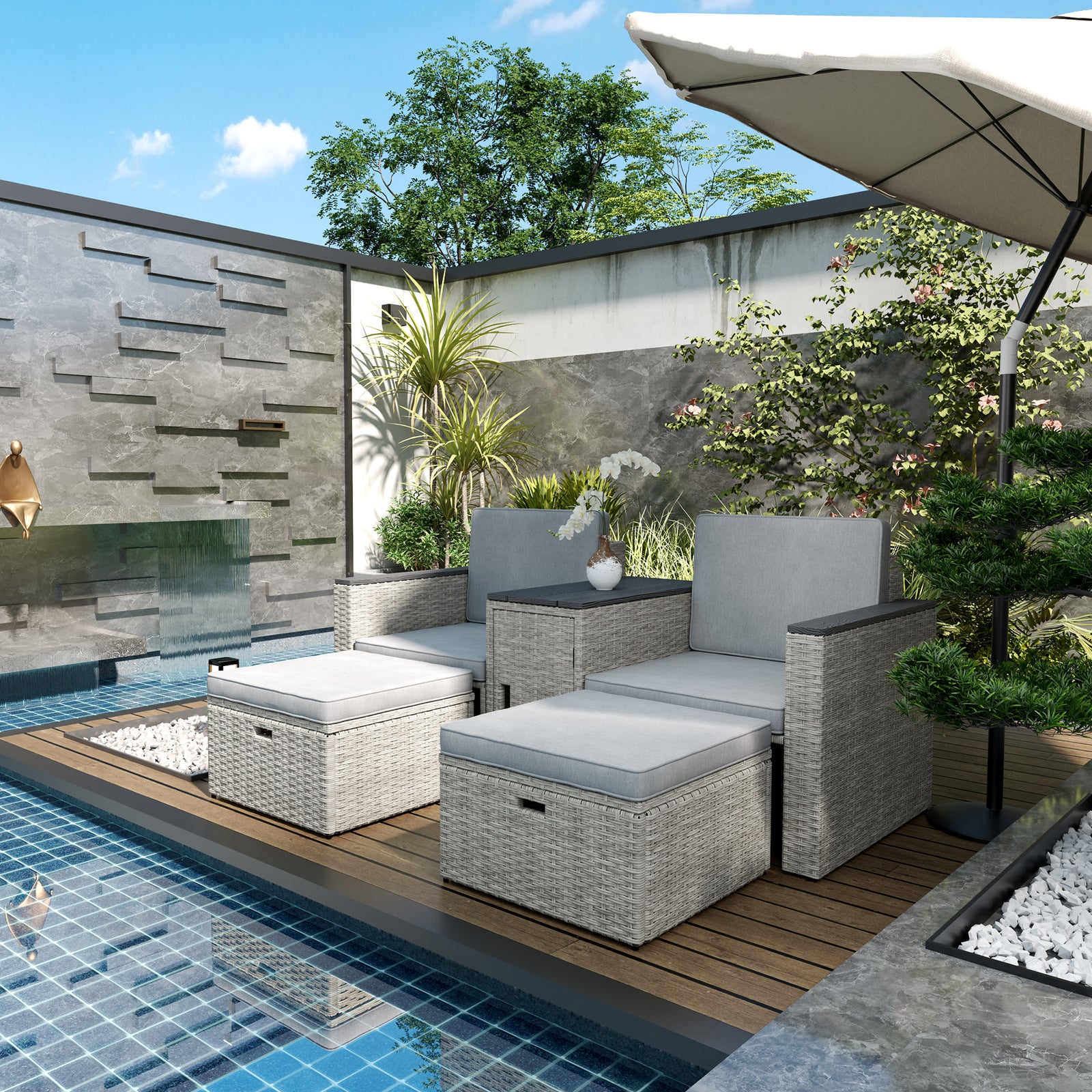 5 Piece Rattan Garden Furniture Set, Nesting Outdoor Furniture Conversation Set with 2 Footstools, WPC Storage Coffee Table and Cushions, Wicker Garden Sofa for Conservatory, Terrace, Grey