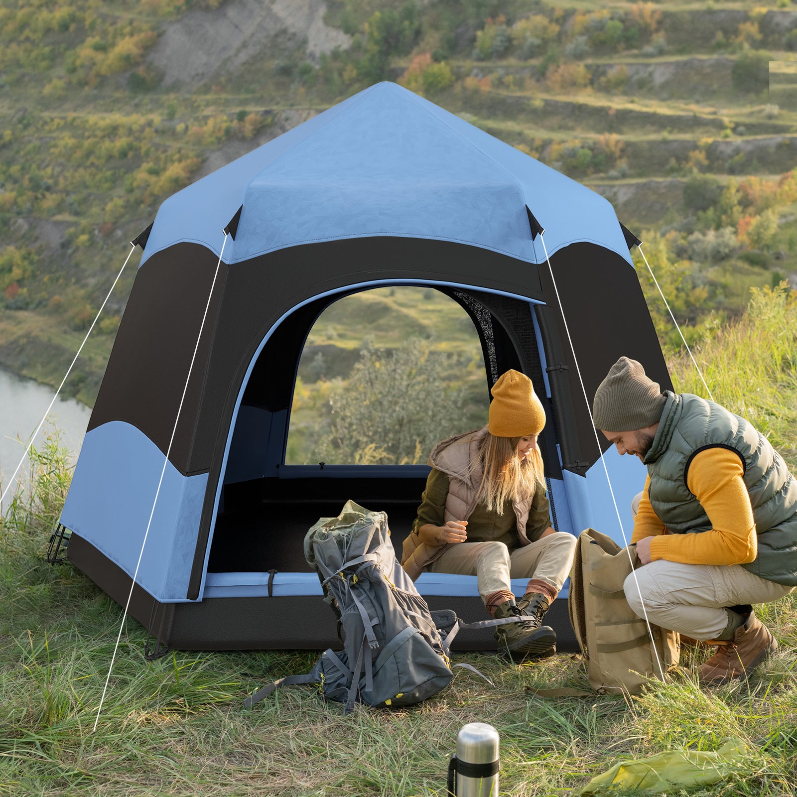 Six Man Hexagon Camping Tent with Hang Hook and Carry Bag - Blue and Black
