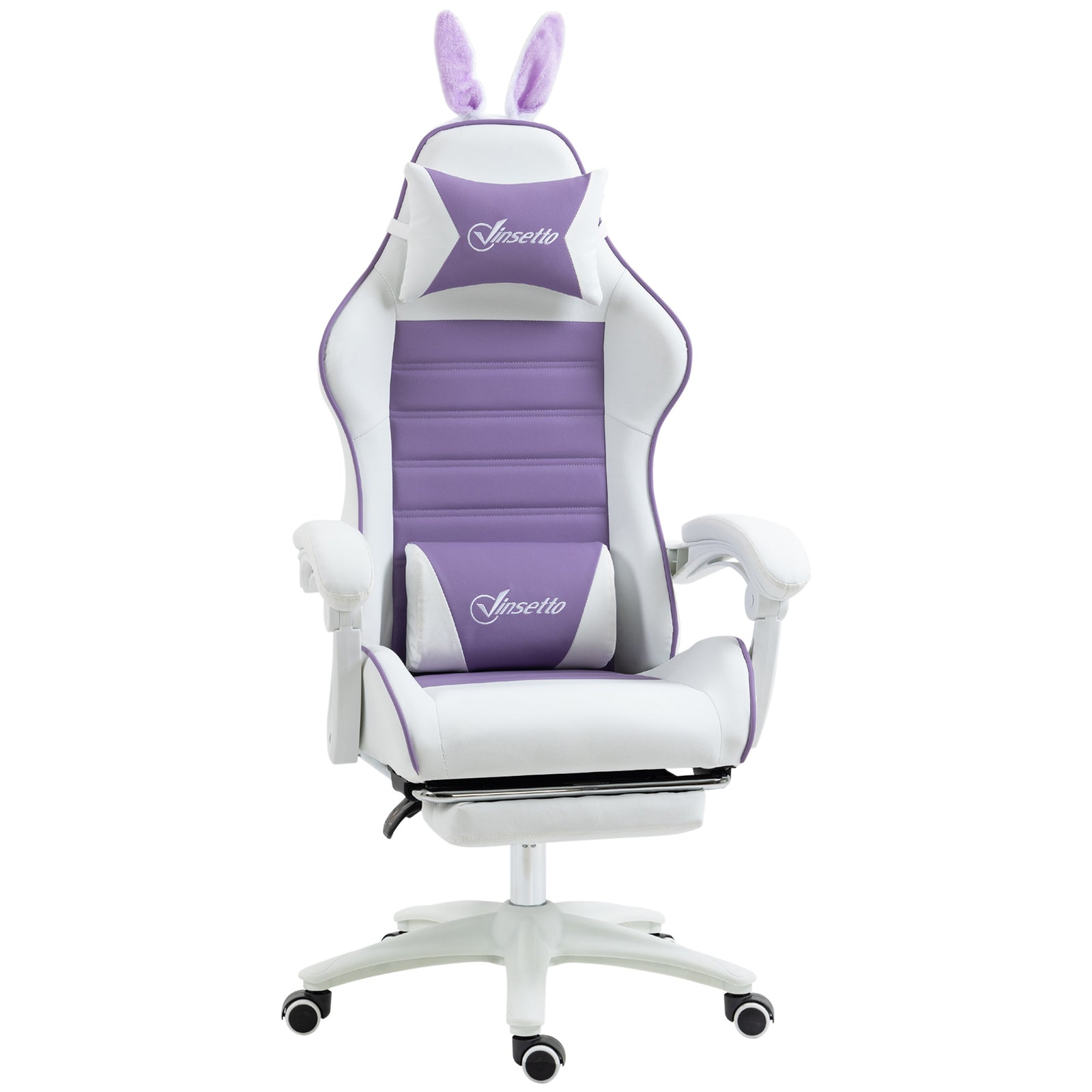 Racing Gaming Chair, Reclining PU Leather Computer Chair with Removable Rabbit Ears, Footrest, Headrest and Lumber Support, Purple