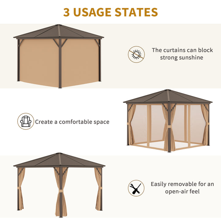 3 x 3(m) Metal Hardtop Gazebo, with Curtains and Accessories - Brown