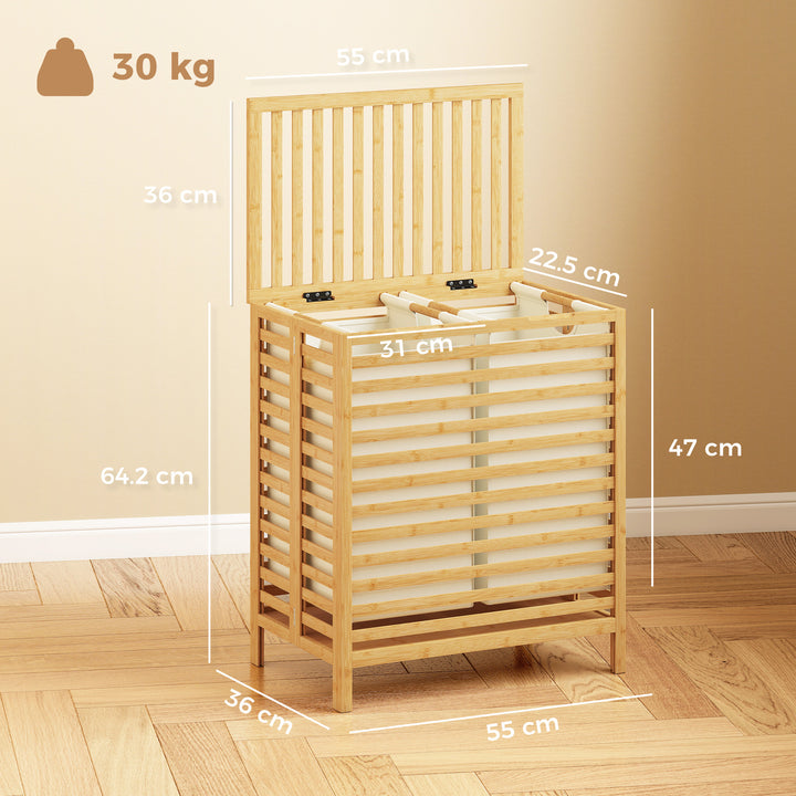 Bamboo Laundry Basket with Lid, 2 Baskets, Foldable, 64L, Natural and 